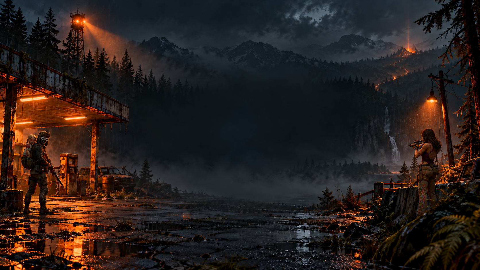 Fan artwork with characters based on official DED.NET imagery at a forest outpost